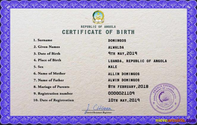 Angola vital record birth certificate